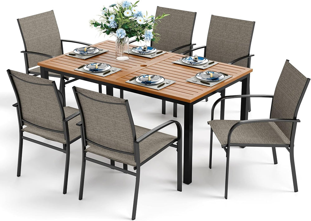 7pc Outdoor Patio Dining Set, Wood-Look Metal Table, Brown