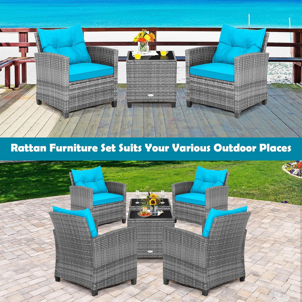 Tangkula 3 Pieces Patio Furniture Set, Outdoor PE Rattan Conversation Chair S...