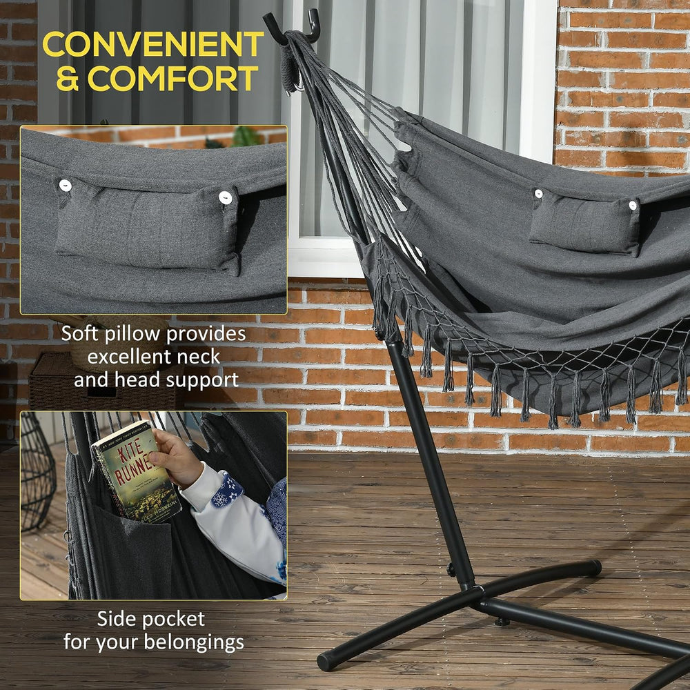 Outsunny Patio Hammock Chair with Stand Side Pocket Headrest Dark Gray