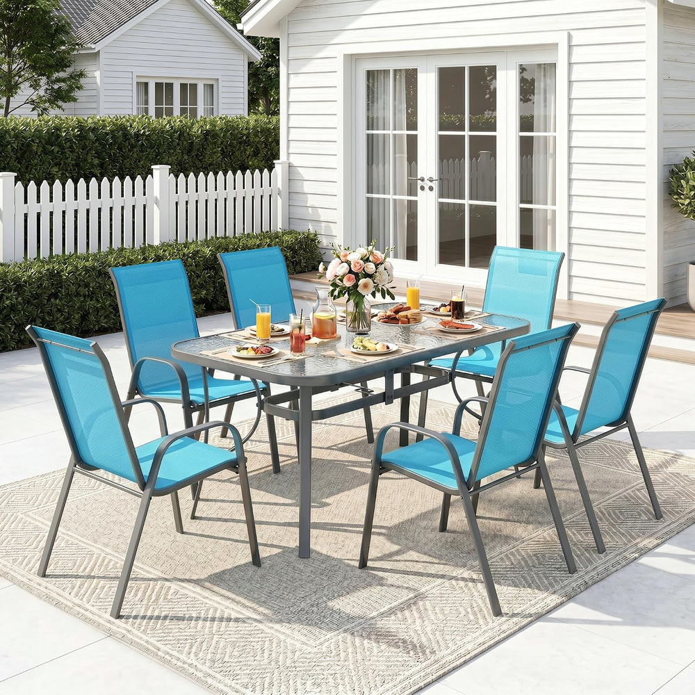 MAMIZO 7 Pieces Patio Dining Set for 6, Glass Table and Textilene Chairs