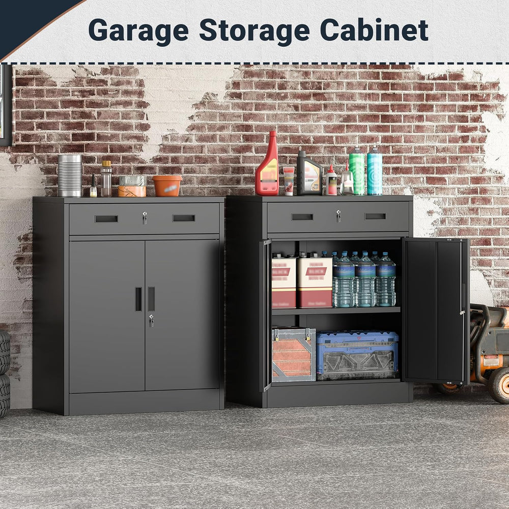 BESFUR Metal Garage Storage Cabinet with One Lockable Drawer 2 Locking Doors ...