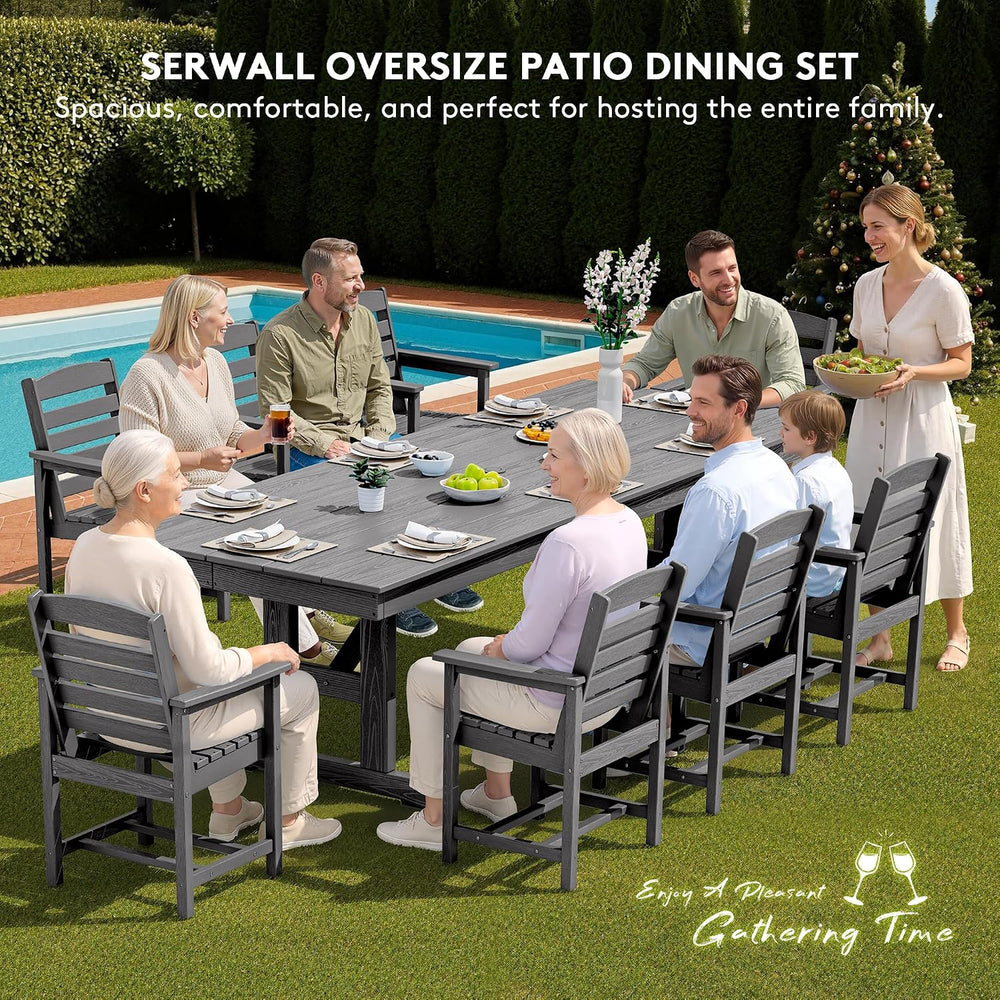 SERWALL 10Pcs 84" HDPE Outdoor Dining Set w/Armchairs & Umbrella,Gray