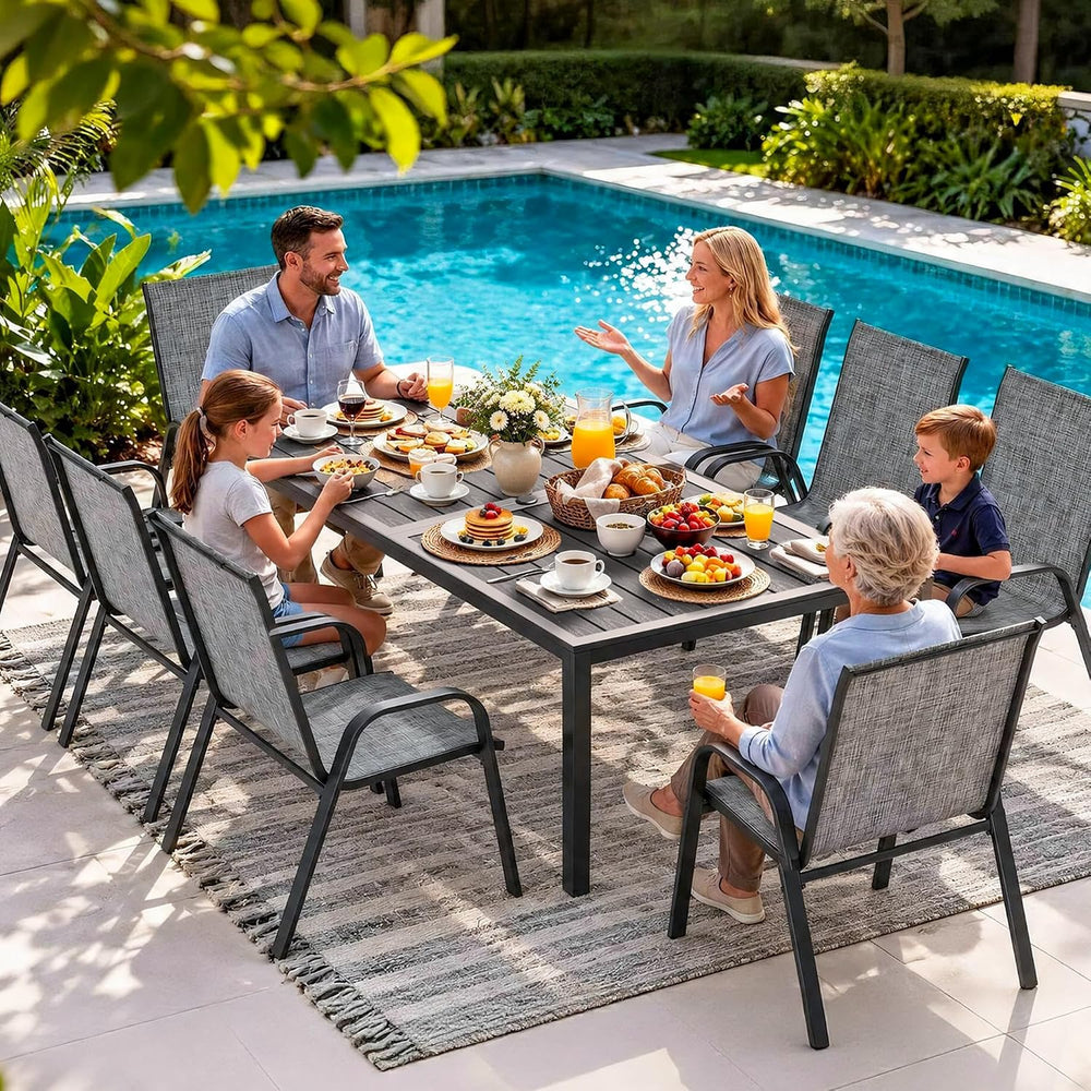 Pamapic Outdoor Dining Sets for 9, Rectangular Steel Slat Table with 8 Textil...