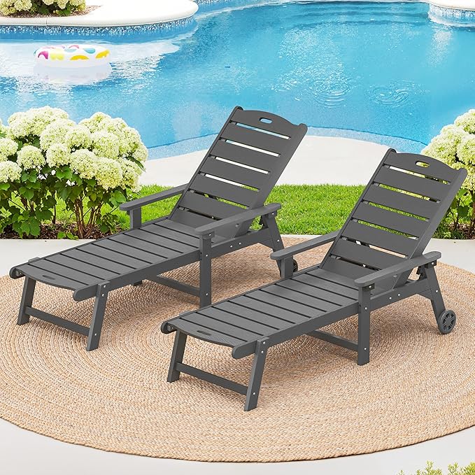 LUE BONA Outdoor Chaise Lounge Chairs Set of 2, HDPS Chaise Lounger, 5 Positi...