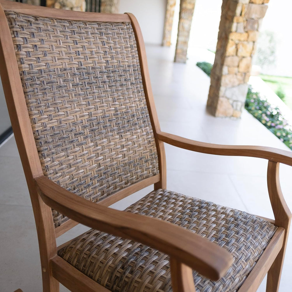 Cambridge Casual Dunham Teak Porch Rocking Chair Brown Wicker, Padded Woven S...