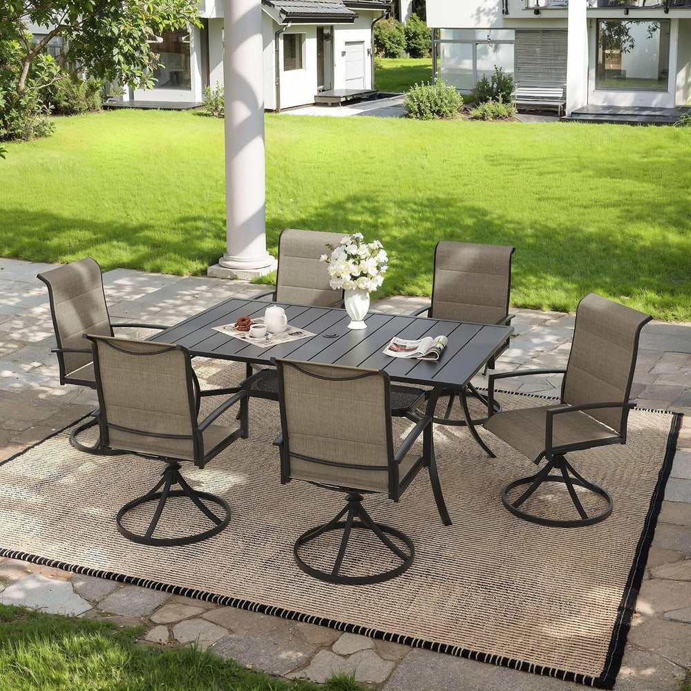 7PCS Outdoor Dining Set, 59.2" Rectangle Table, 6 Swivel Chairs, Brown