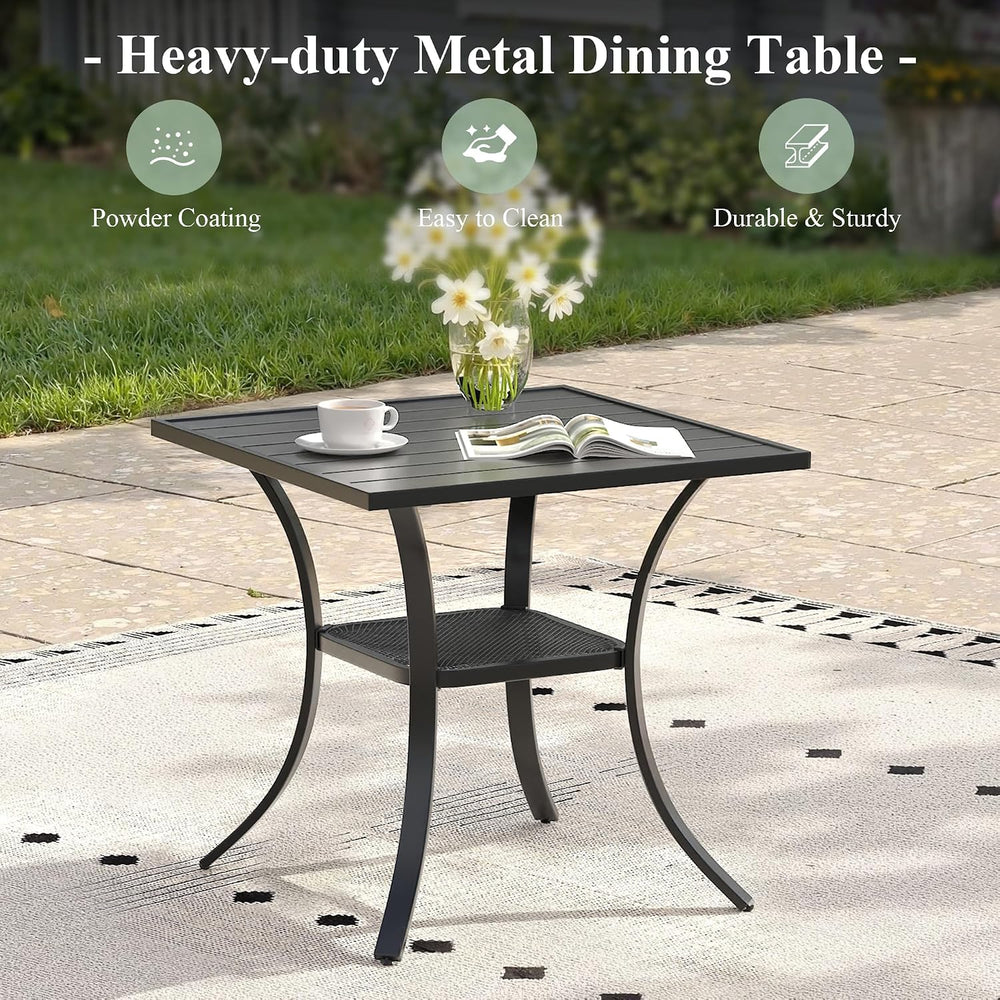 Small Patio Dining Set for 2, 27.5" Square Metal Table and Stackable Wic...