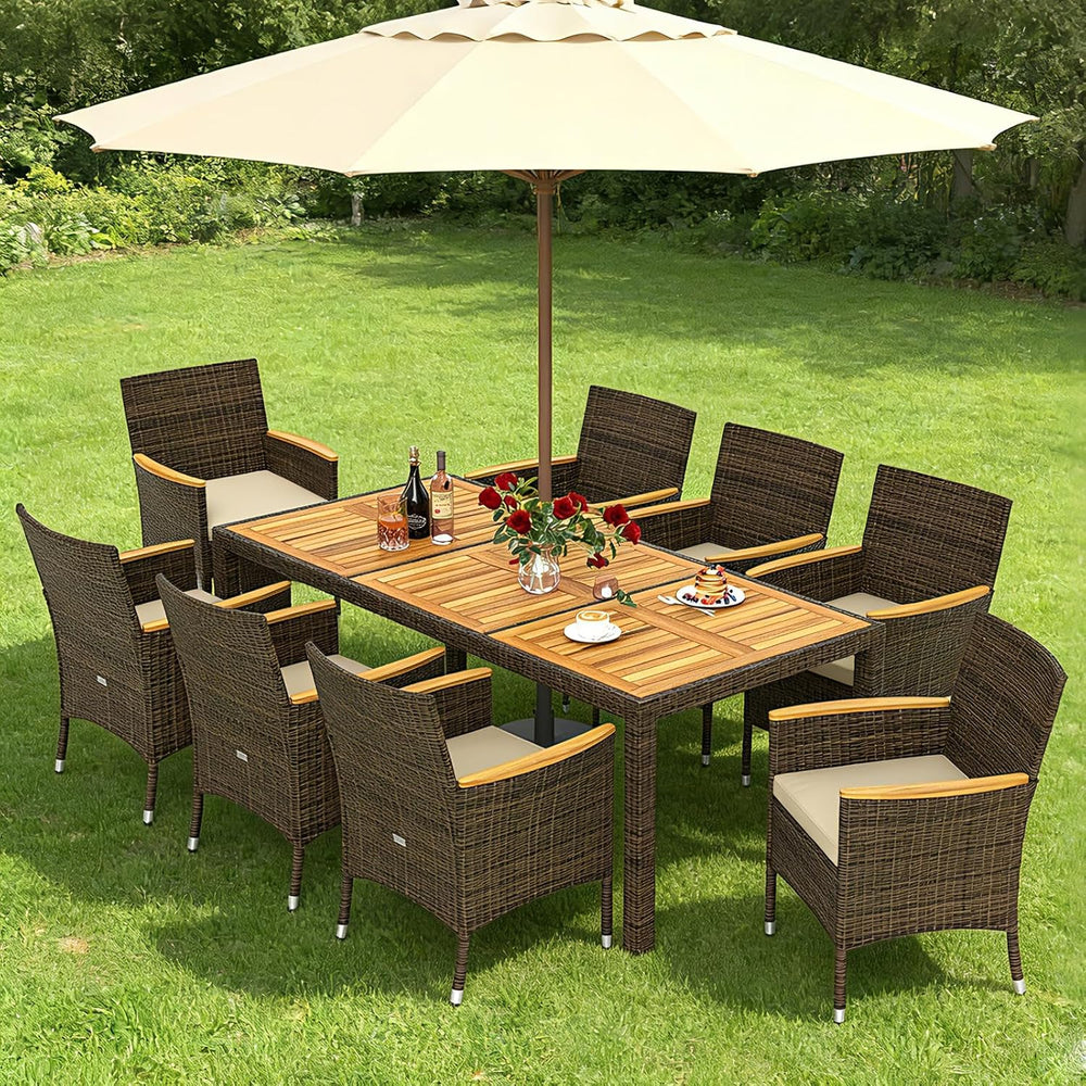 COSTWAY 9-Piece Patio Rattan Wicker Dining Set for 8 with Umbrella Hole