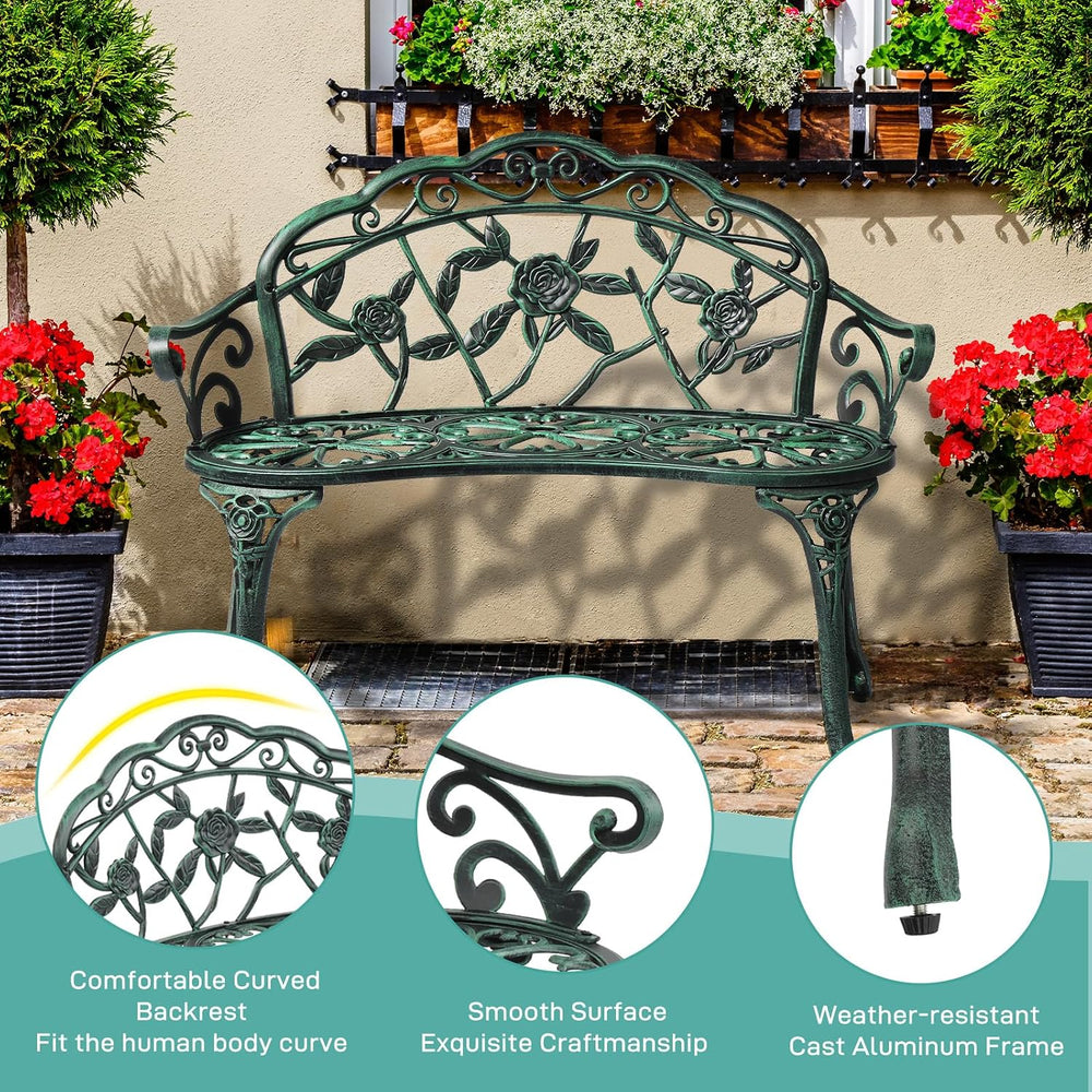 VINGLI 38.5" Patio Park Garden Outdoor Metal Rose Bench, 2-Person Cast I...