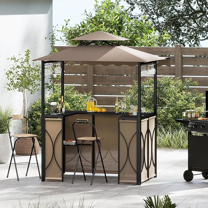 Tangkula 3 Piece Patio Bar Set, Grill Gazebo & 2 Foldable Bar Stools with...