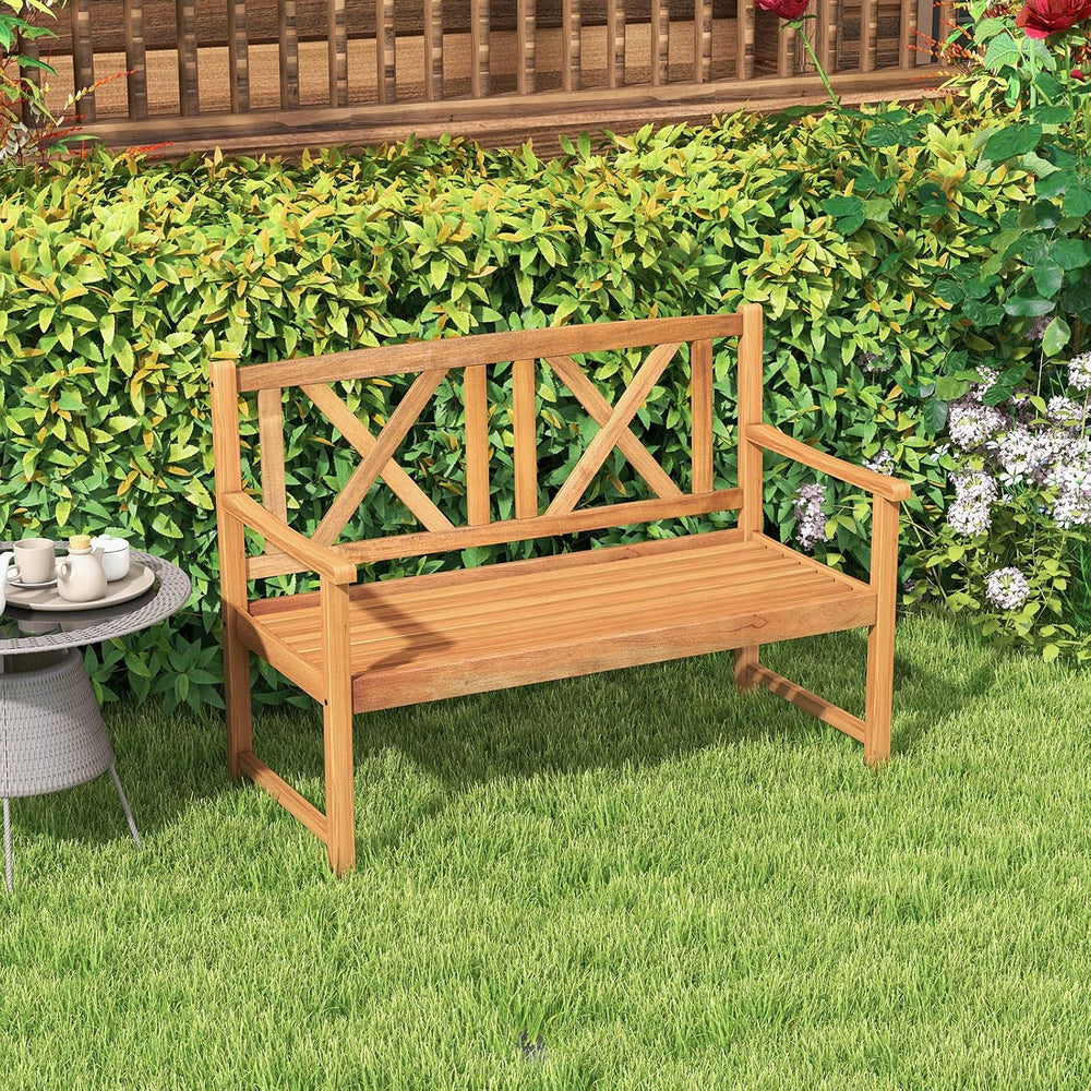 Tangkula Patio Acacia Wood Bench, 2-Person Outdoor Loveseat Chair, Cozy Armre...