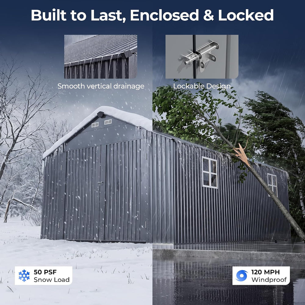 9.5FT Tall Outdoor Metal Garage 13x20FT, Built-In Solar Lights Storage Shed