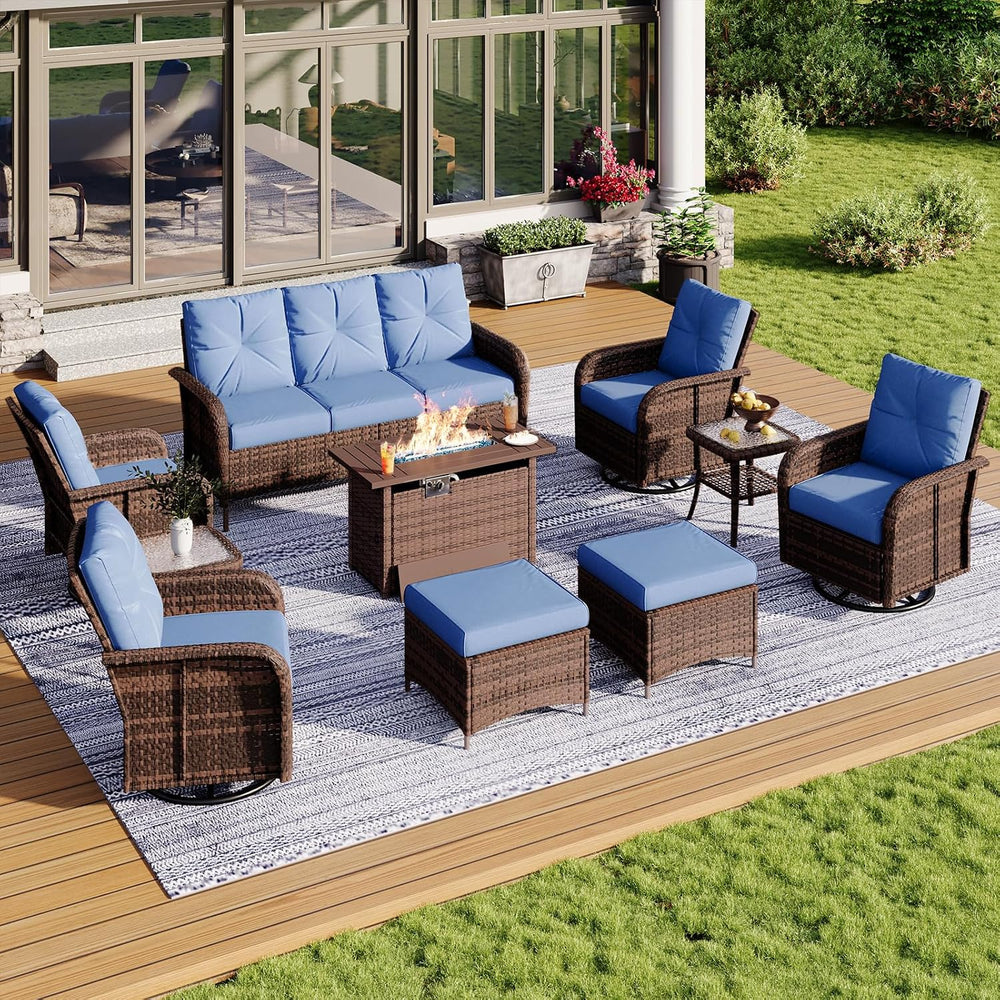 Aoxun 10-Piece Wicker Rattan Patio Furniture Set with 44" Fire Pit Table