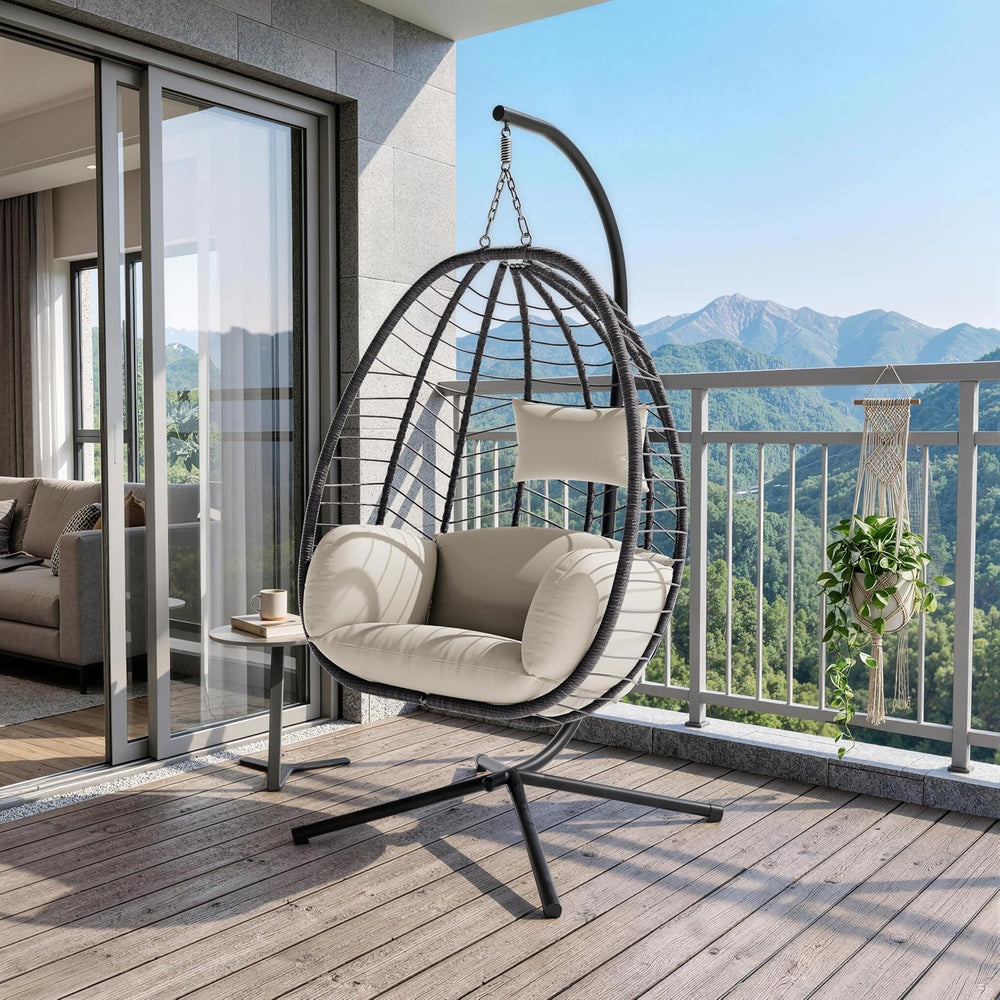 Foldable Egg Chair with Stand, 485LBS Capacity Wicker Rattan Hammock Swing Ch...