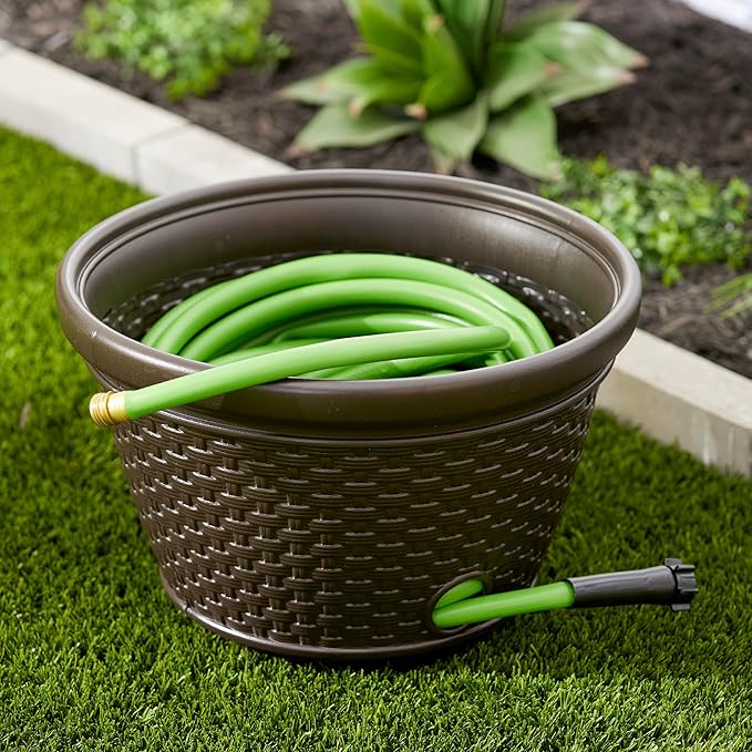 Suncast 2 Pack Decorative Wicker Garden Hose Holder Pot with 4 Drain Holes fo...