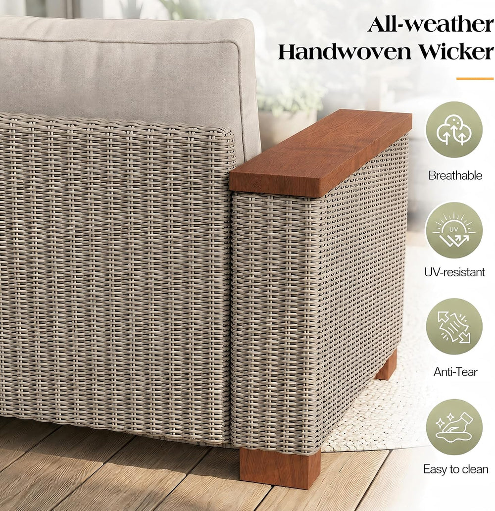 PaPaJet Outdoor Patio Sofa, 3 Seat Wicker Couch with Solid Armrests & Leg...