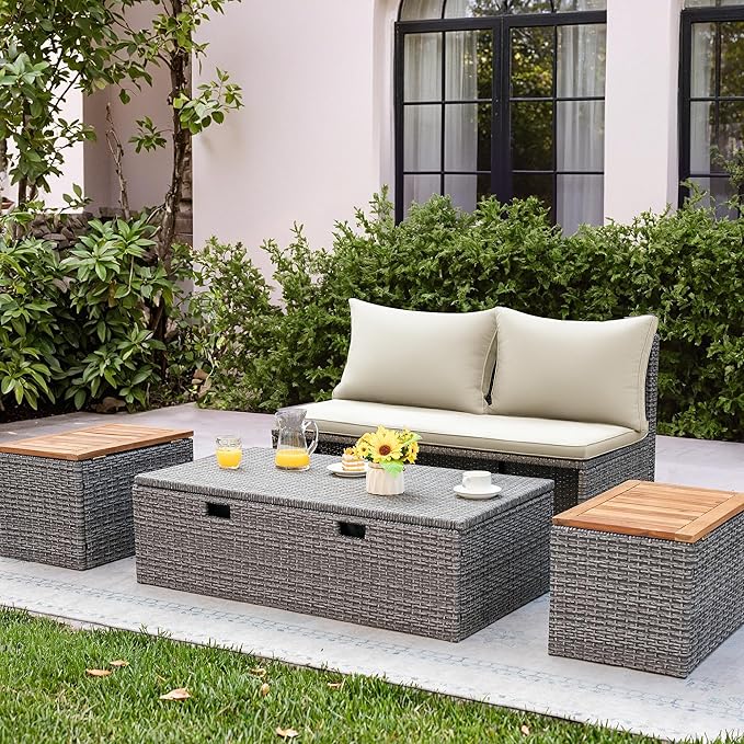 Flamaker Outdoor Rattan Daybed with 2 Side Tables, Multifunctional Wicker Pat...