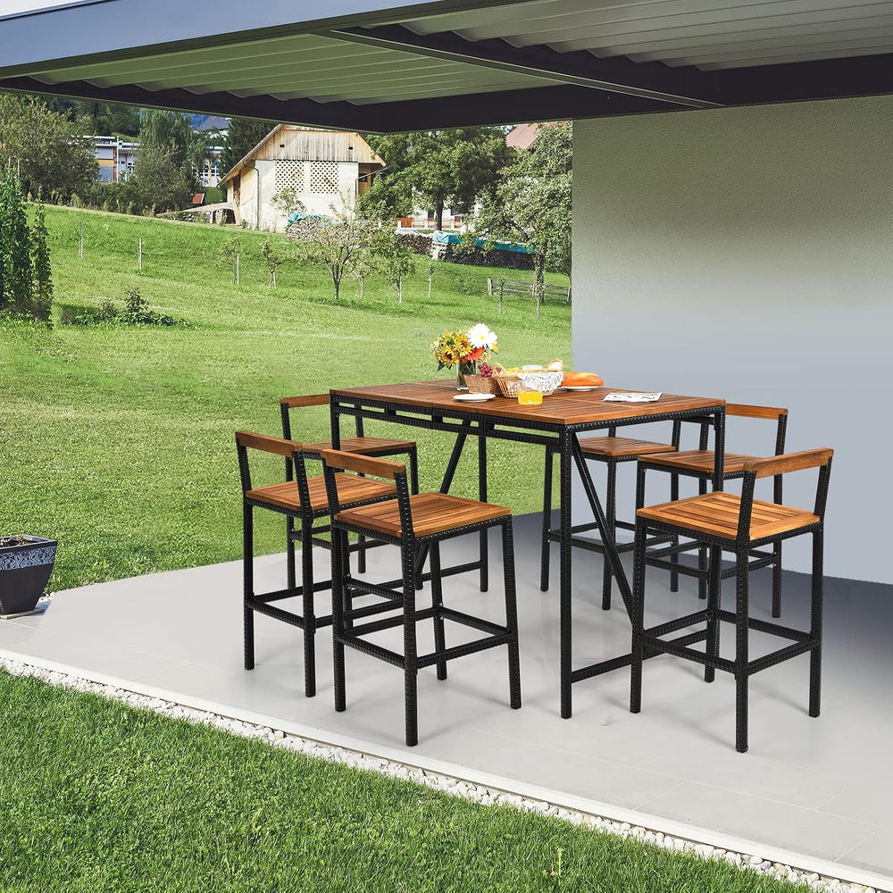 HAPPYGRILL 7 Piece Patio Bar Table Set with Umbrella Hole Acacia Wood High-Di...