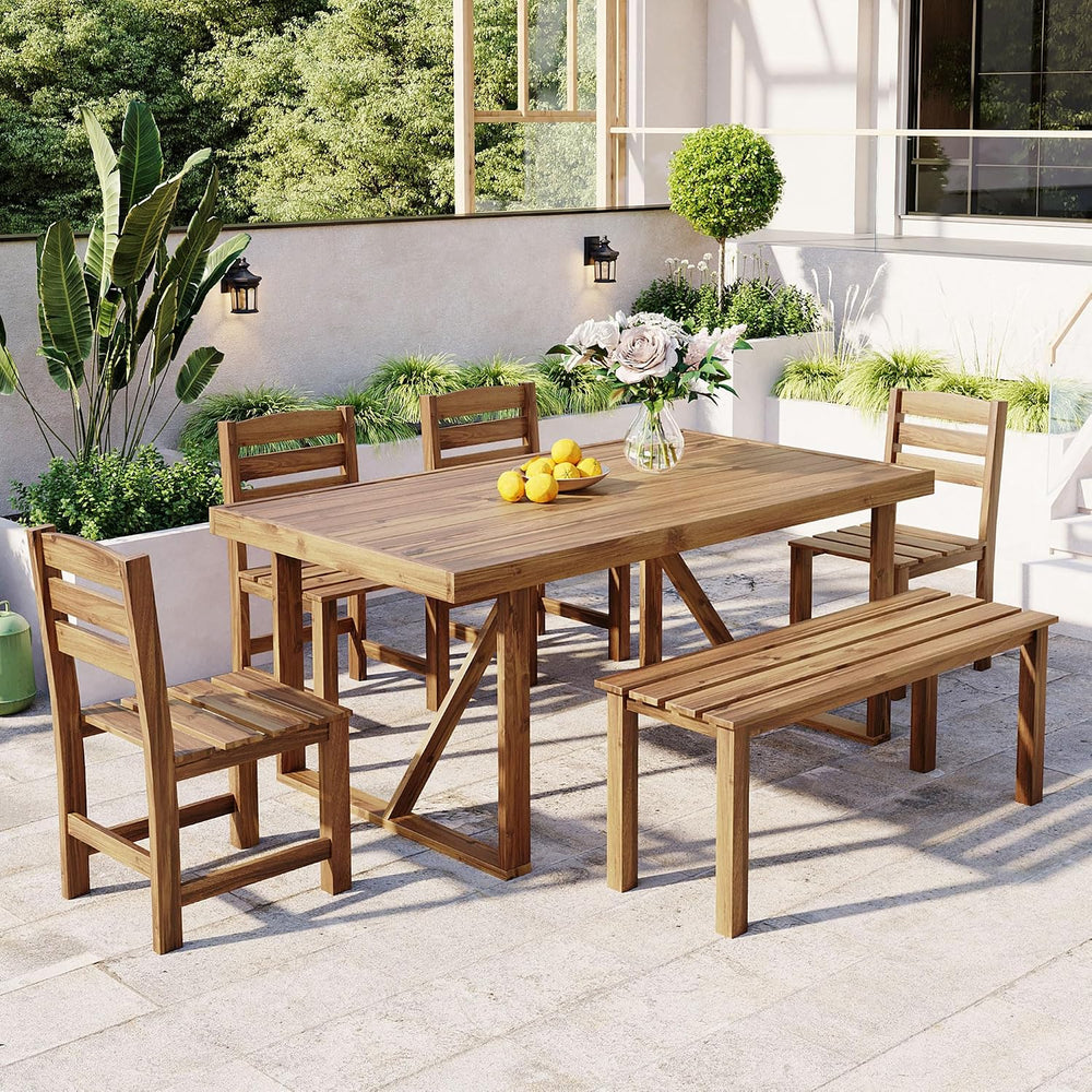 RuiSiSi Outdoor Dining Table Set for 6, Acacia Wood Patio Dining Set with Ben...