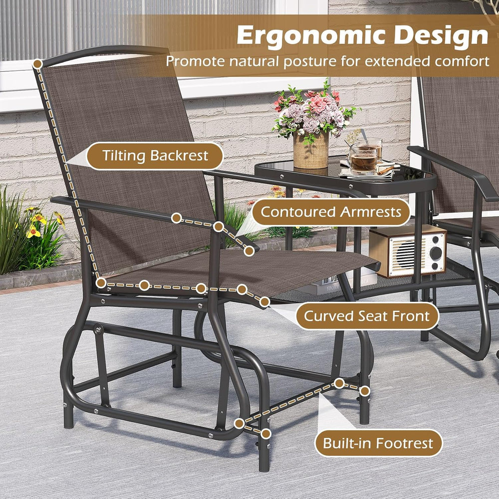 Tangkula 2-Seater Outdoor Glider Bench with 2-Tier Center Table (Brown)
