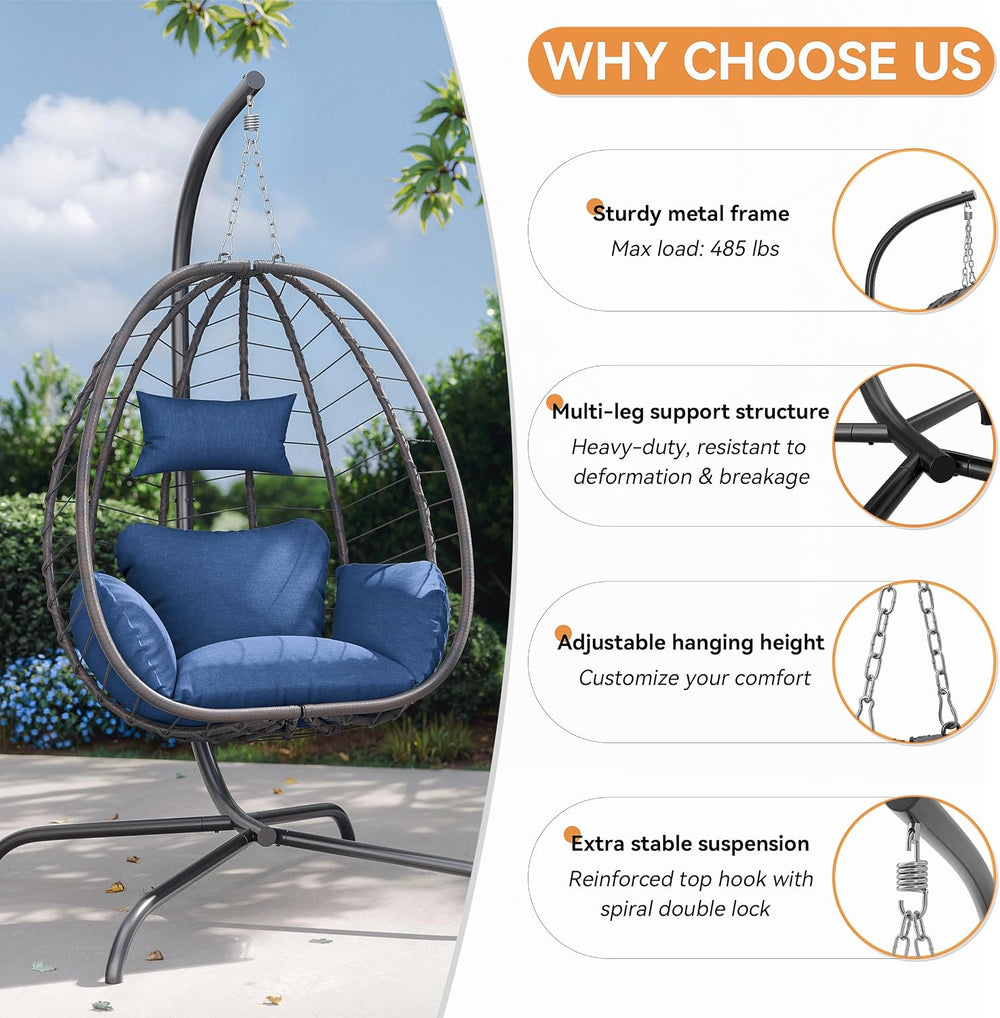 Outdoor Hanging Egg Chair with Stand,Patio Wicker Swing Egg Chair Hammock Cha...