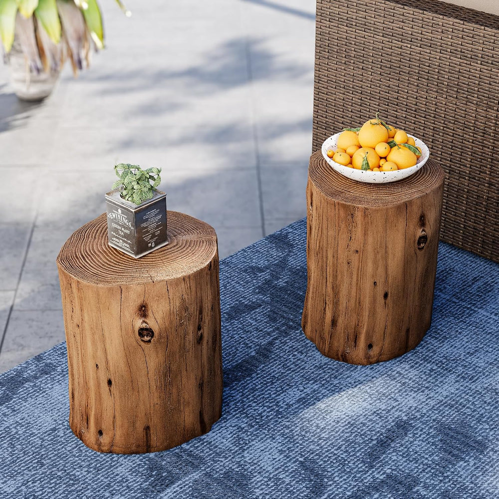 SUNBURY Outdoor Side Table Set of 2, Round Tree Stump Side Table Faux Wood