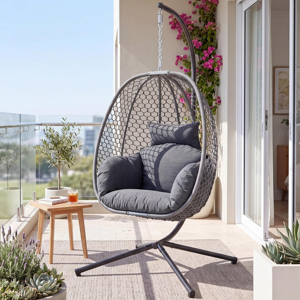 Outdoor Egg Hanging Chair with Stand, Honeycomb Wicker Swing Chair for Patio,...