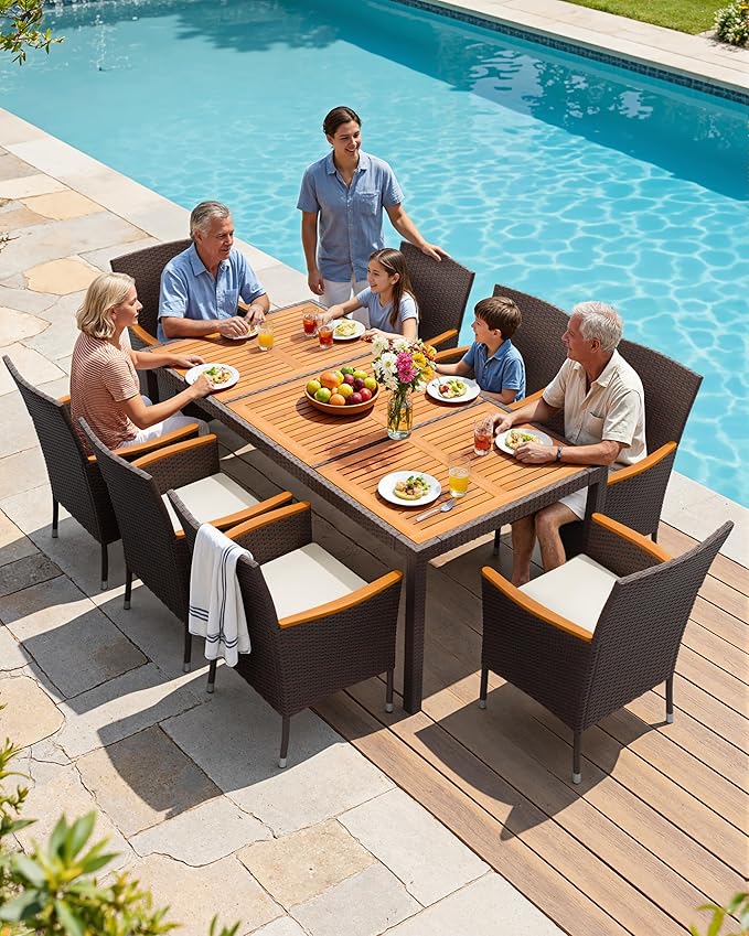 Flamaker 9 Piece Patio Dining Set Outdoor Acacia Wood Table and Chairs with S...