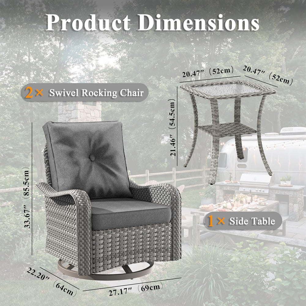 3 Piece Patio Furniture Set with Swivel Rocking Chairs, Outdoor Wicker Conver...