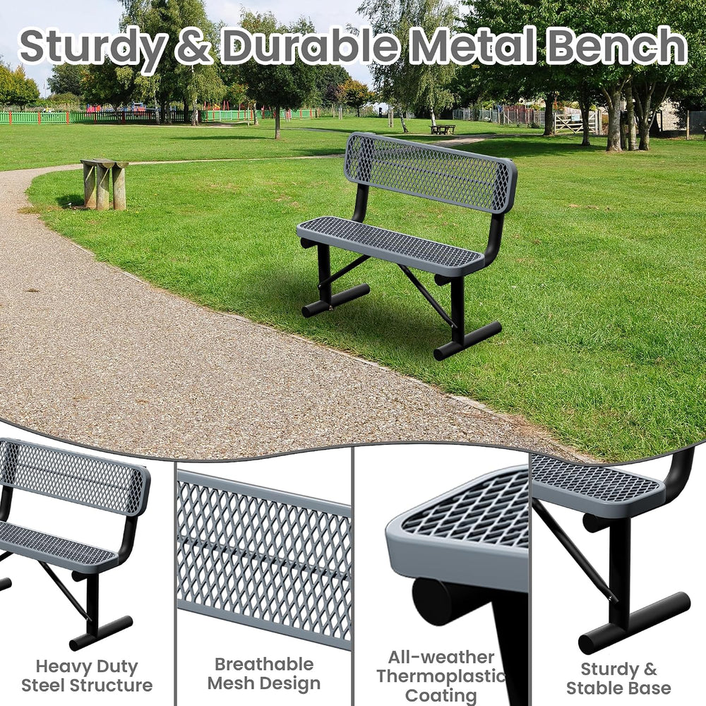 4ft Gray Metal Park Bench with Backrest, Heavy Duty Outdoor Benches Weatherpr...
