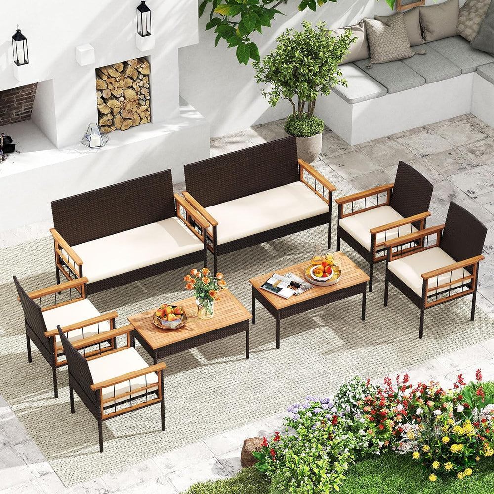 Tangkula 4 Pieces Wicker Patio Conversation Furniture Set, Outdoor Rattan Cus...