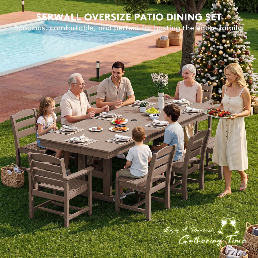 SERWALL 9Pcs HDPE Outdoor Dining Set w/6 Armless, 2 Armchairs for 8,Brown