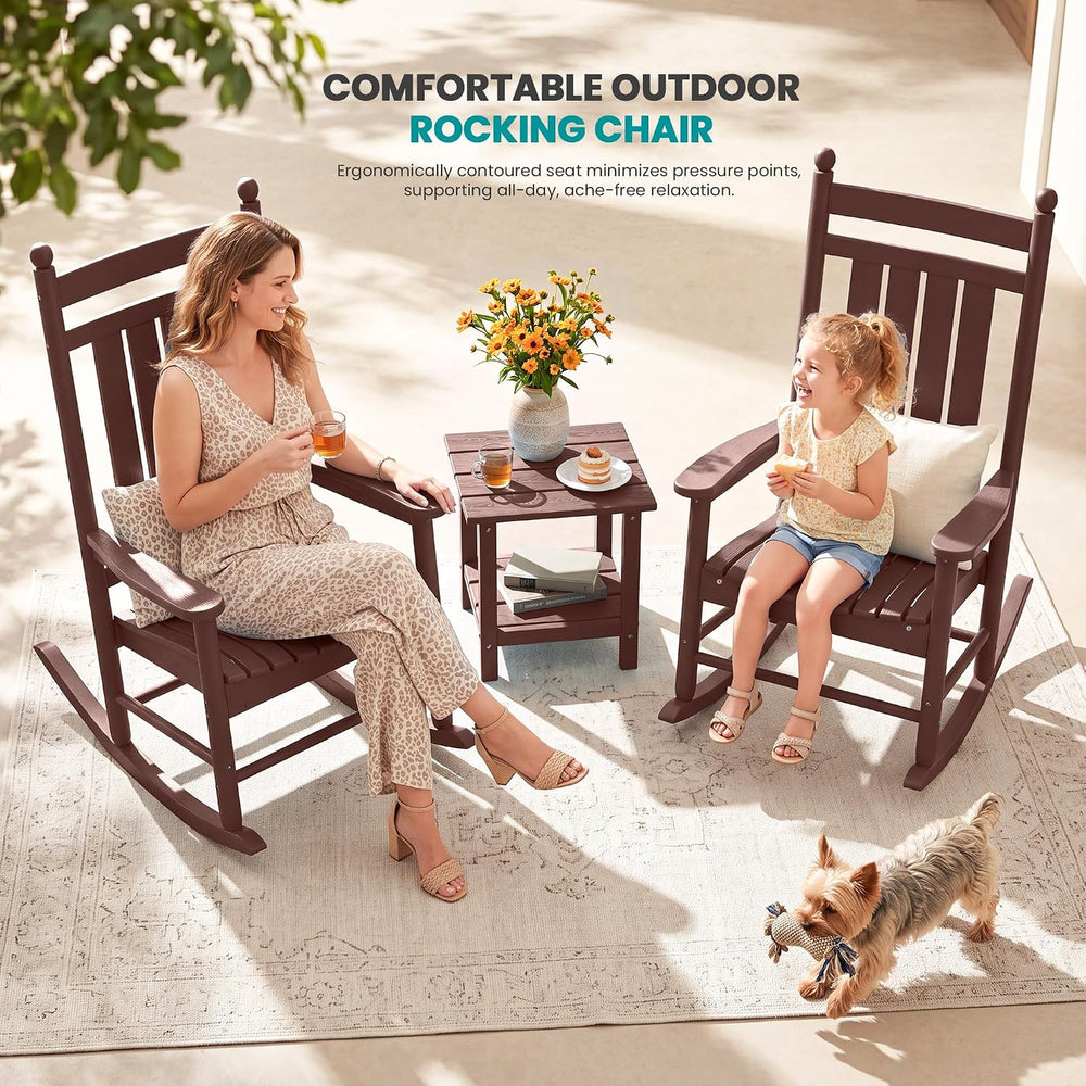 SERWALL Comfortable Outdoor Rocking Chairs Set of 3, Brown
