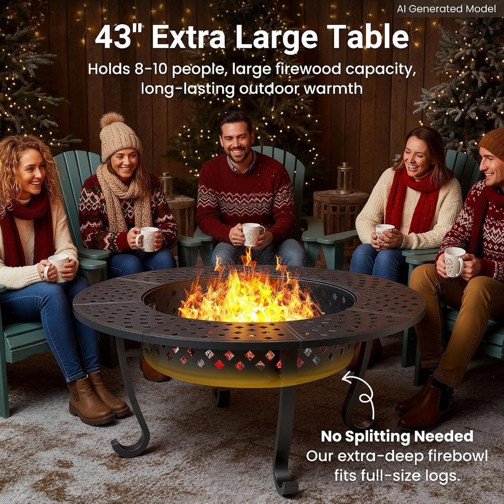 43" Large Fire Pit for Outside with 2 Adjustable Grills,Lid & Fire P...