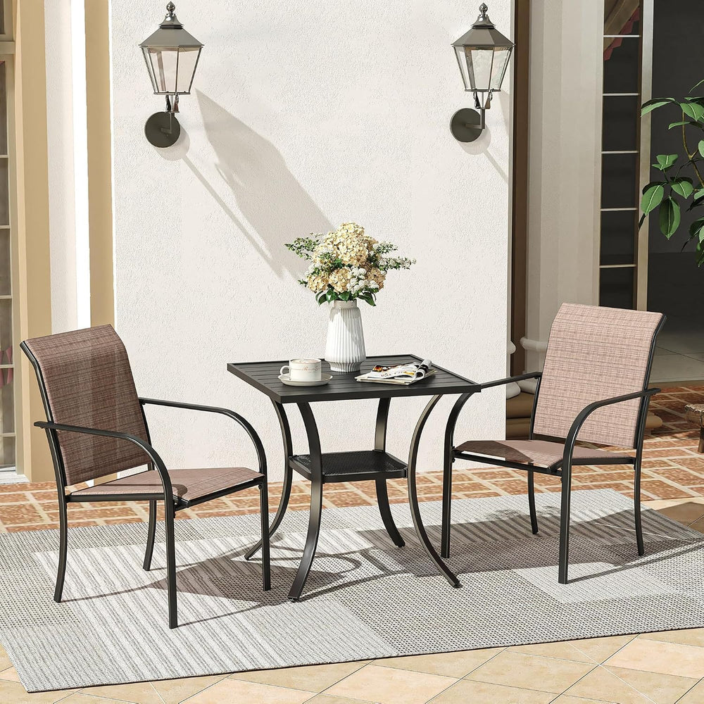 VICLLAX 3PCS Patio Dining Set, 28" Metal Table&2 Stackable Chairs,Brown