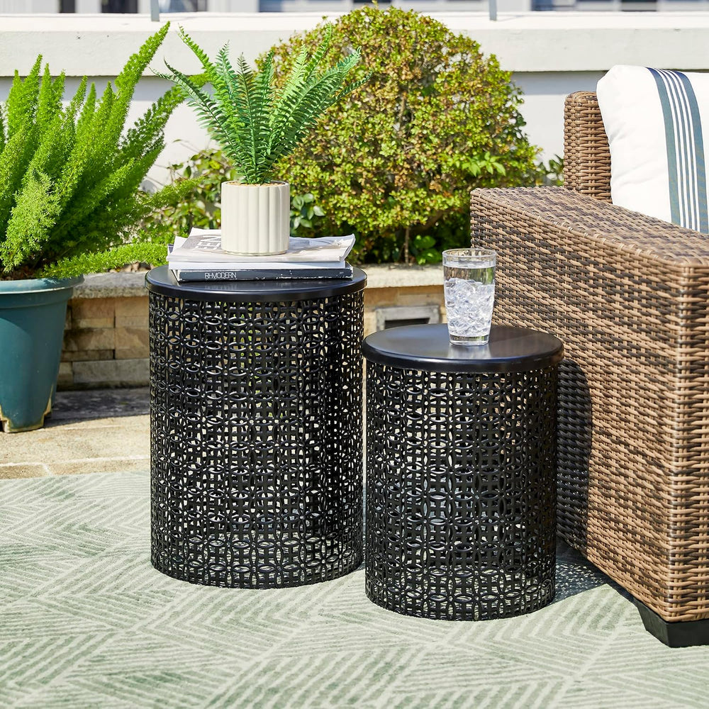 Glitzhome Outdoor Side Table Set of 2, Decorative Garden Stool for Patio Heav...