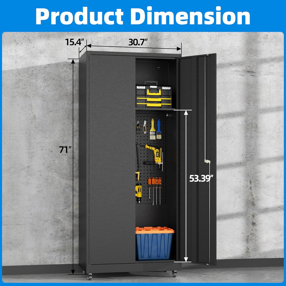 Garage Storage Cabinet with 4 Wheels,Lockable Tool Cabinets with Pegboard and...