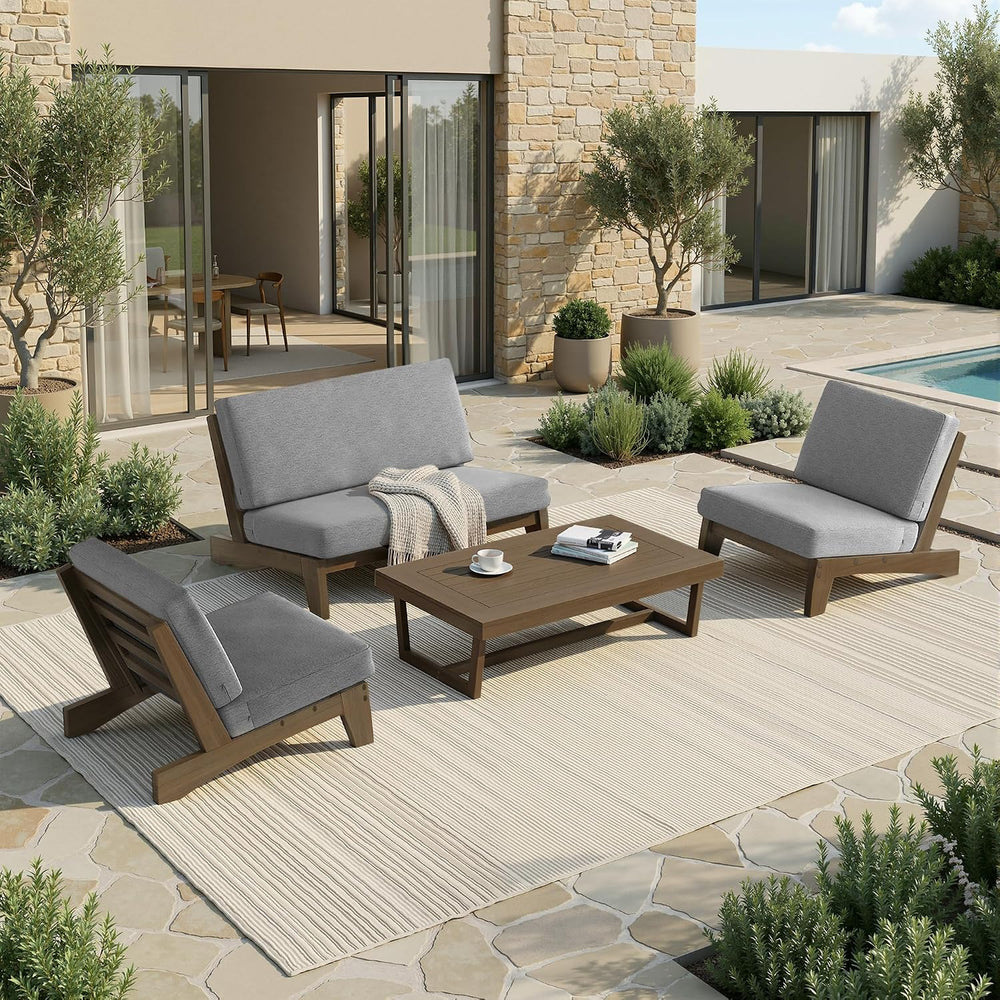 4 Piece Outdoor Patio Furniture Sets, Solid Wood Frame, Beige