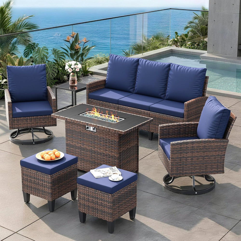 Amopatio 7 Pieces Patio Furniture Set with Fire Pit Table, 360° Swivel Chairs...