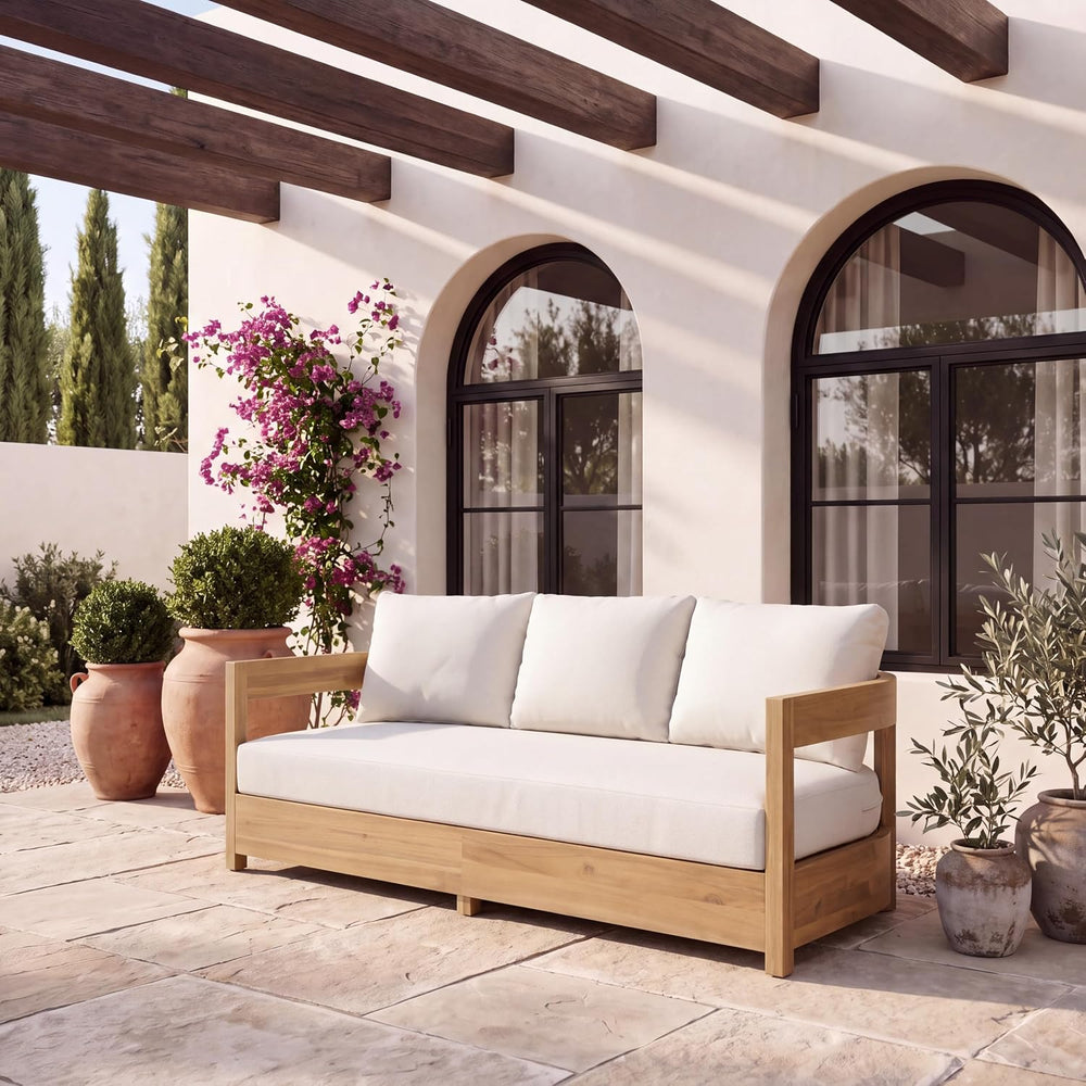SAFAVIEH Outdoor Kento 3-Seat Sofa, 65.7" Oak & Ivory PAT7098B