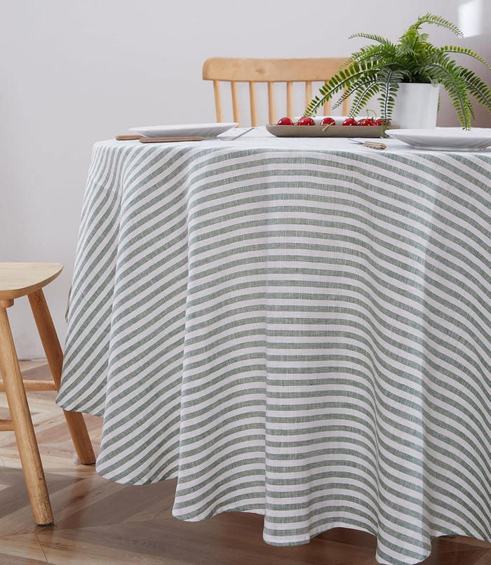 100% Yarn-Dyed Linen Round Tablecloth 70Inches for Dinners, Parties, Easter, Halloween, Camping,Thanksgiving. Machine Washable, 6-8 Seats, 70''(Round), Sage Green Stripe