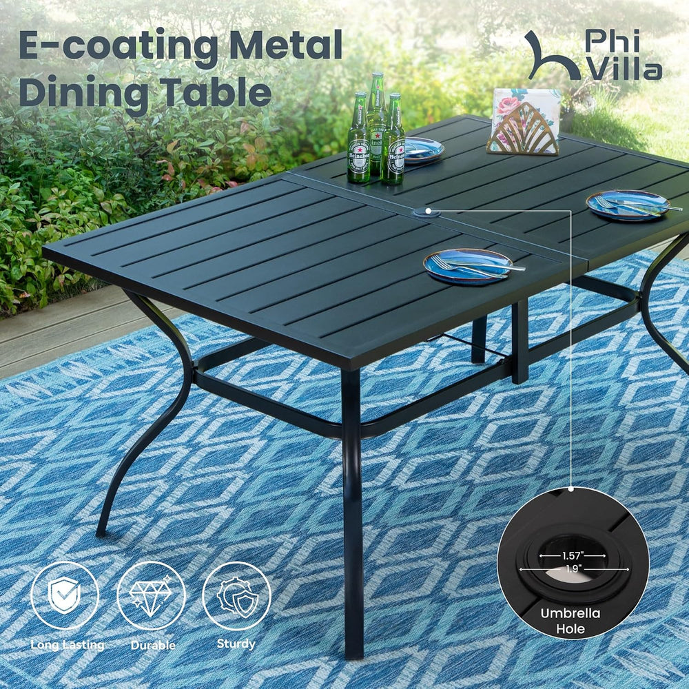 PHI VILLA Patio Dining Set for 6, Metal Table & Swivel Padded Chairs, Blue