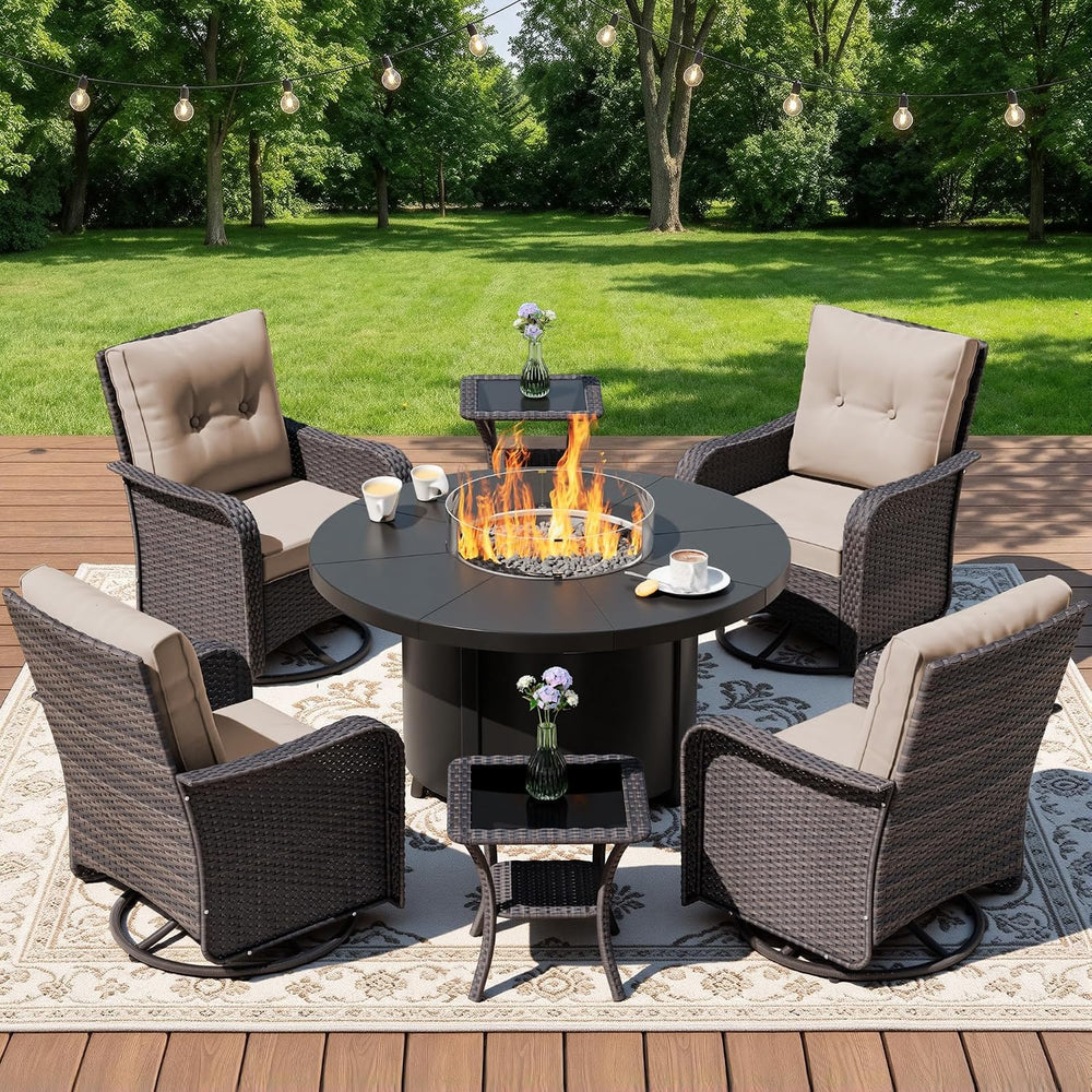 7Pcs Patio Furniture Swivel Chair Set with 55,000 BTU Round Fire Pit-Sand
