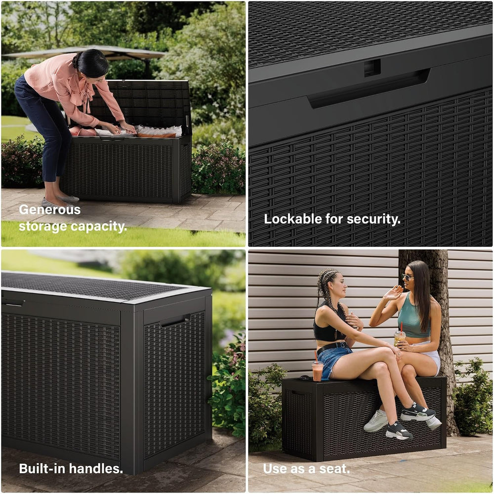 Outdoor Storage Box Waterproof, 200 Gallon Lockable Resin Large Deck Box, Pat...