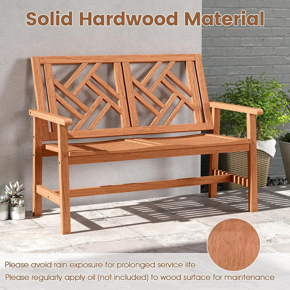 Tangkula Outdoor Wood Bench, 2-Person Patio Loveseat Chair with Geometric Bac...