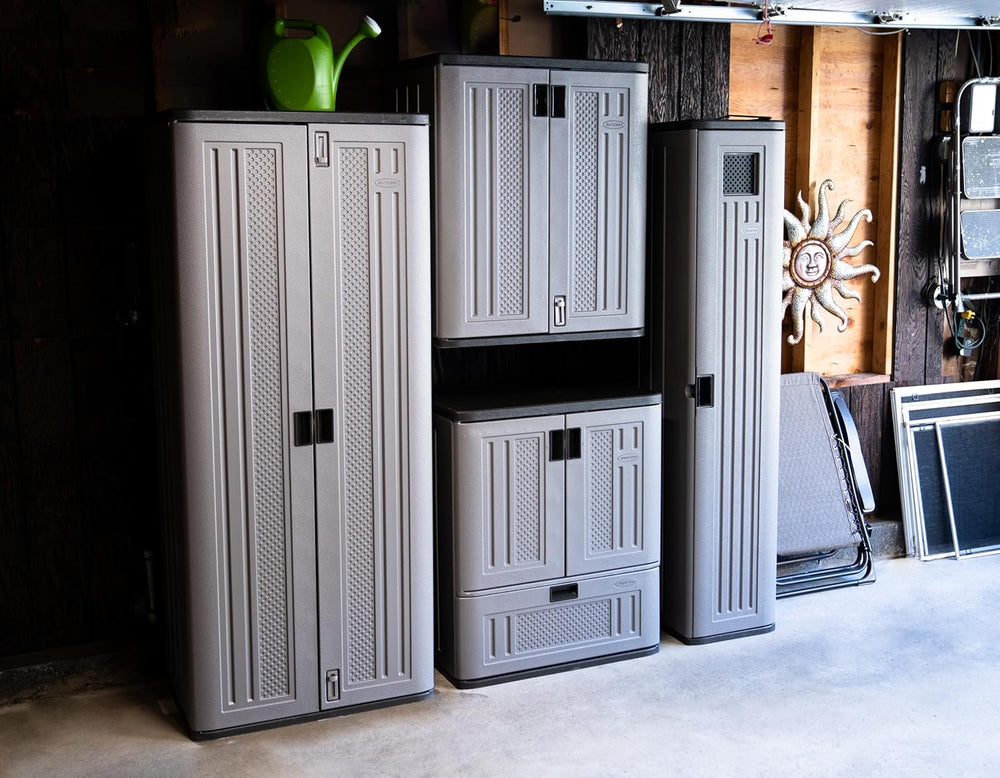 Suncast Base Storage Cabinet, Lockable Single-Drawer Organizer, Platinum