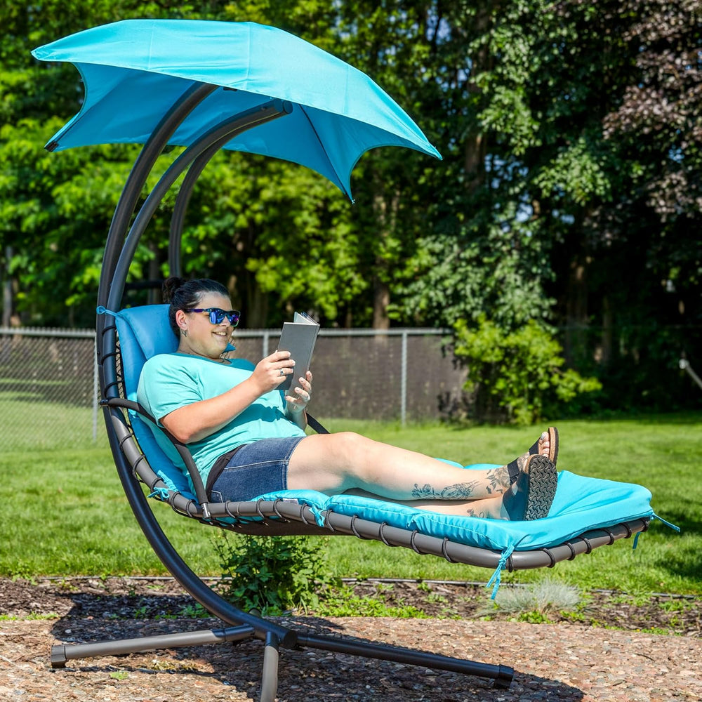 Sunnydaze Floating Chaise Lounger Swing Chair with Umbrella Canopy - Curved S...
