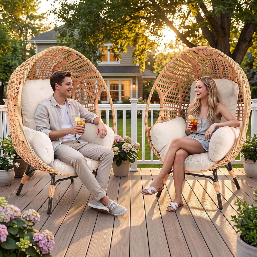 Oversized Wicker Egg Chair Outdoor Indoor Rattan Patio Egg Lounge Chairs with...