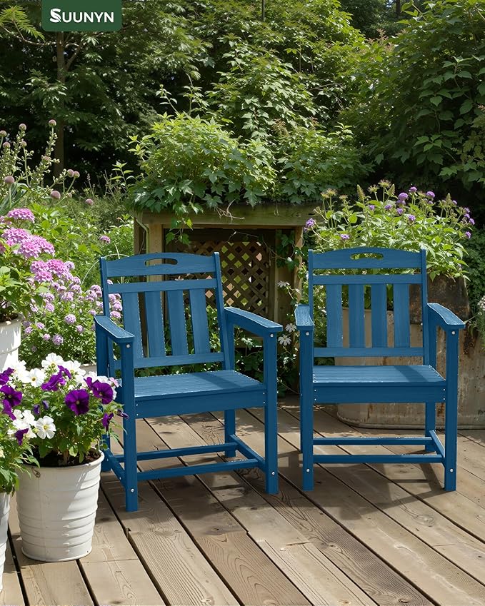 Set of 2 Weatherproof Patio Chairs - HDPE Outdoor Dining Chairs with Wide Sea...