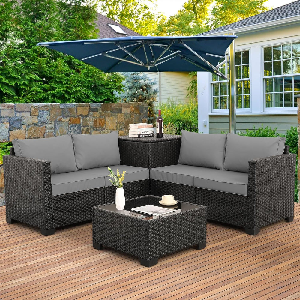 WAROOM Patio Furniture Set 4 Piece Conversation Sets Black Rattan Outdoor Cou...